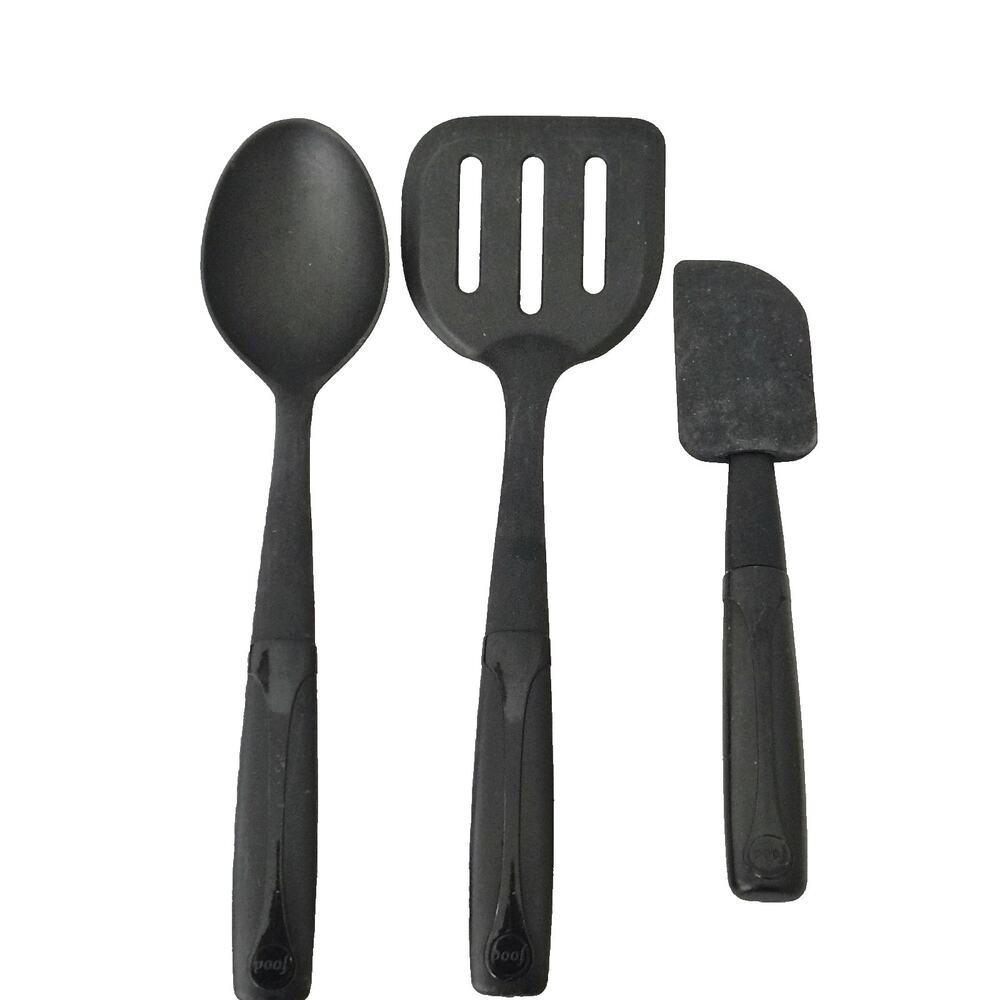 Food Network Black Silicone Slotted Turner Spatula Spoon Serve Utensil Set Of 3